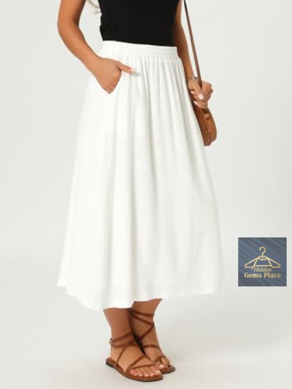 Flowy Linen Midi Skirt with Pockets High Waist A-Line Summer - Picture 4 of 7